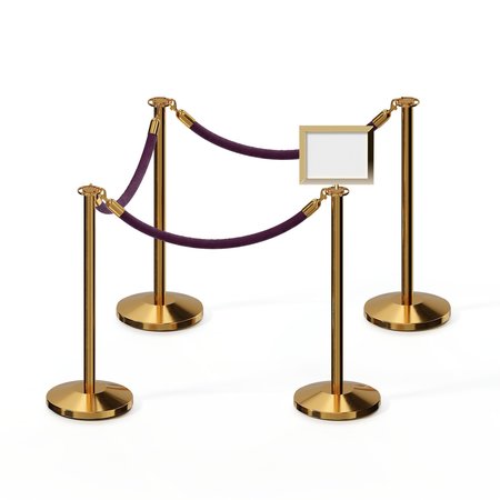 MONTOUR LINE Stanchion Post & Rope Kit PolBrass 4FlatTop 3Purple Rope 8.5x11H Sign C-Kit-3-PB-FL-1-Tapped-1-8511-H-3-PVR-PE-PB